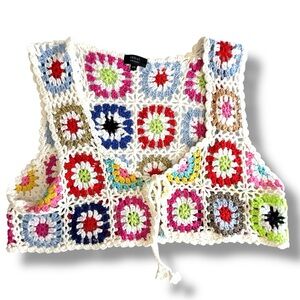 Granny Square Crocheted Wmn’s Crop Short Vest Shrug Cardigan Tie Front Boho S/M